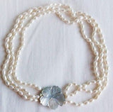 Handmade 3 Strand BAROQUE Pearl Necklace with Mother Of Pear Flower Pedant