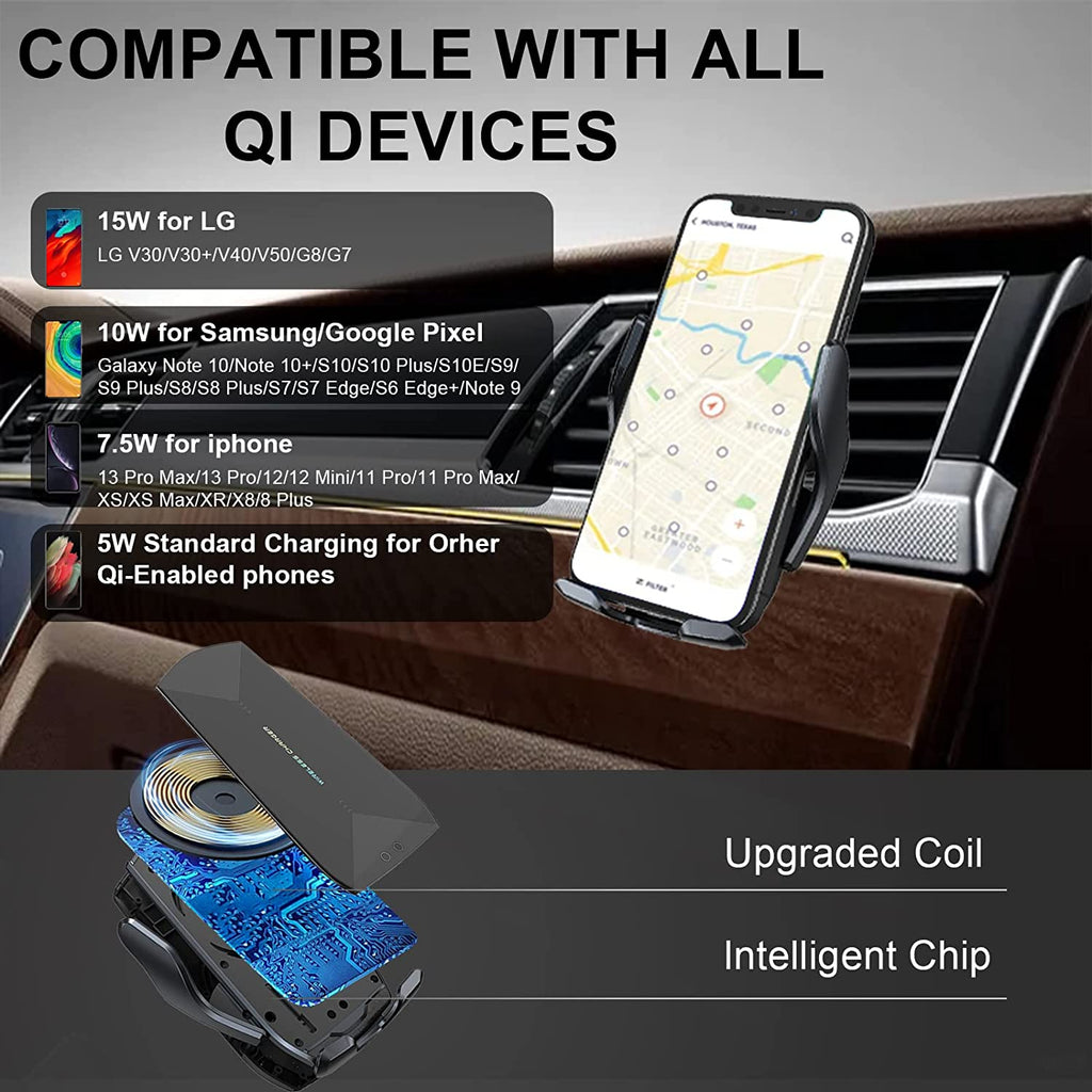 15W Wireless Fast Charger Auto Sensing Air Vent Clamping Car Mount