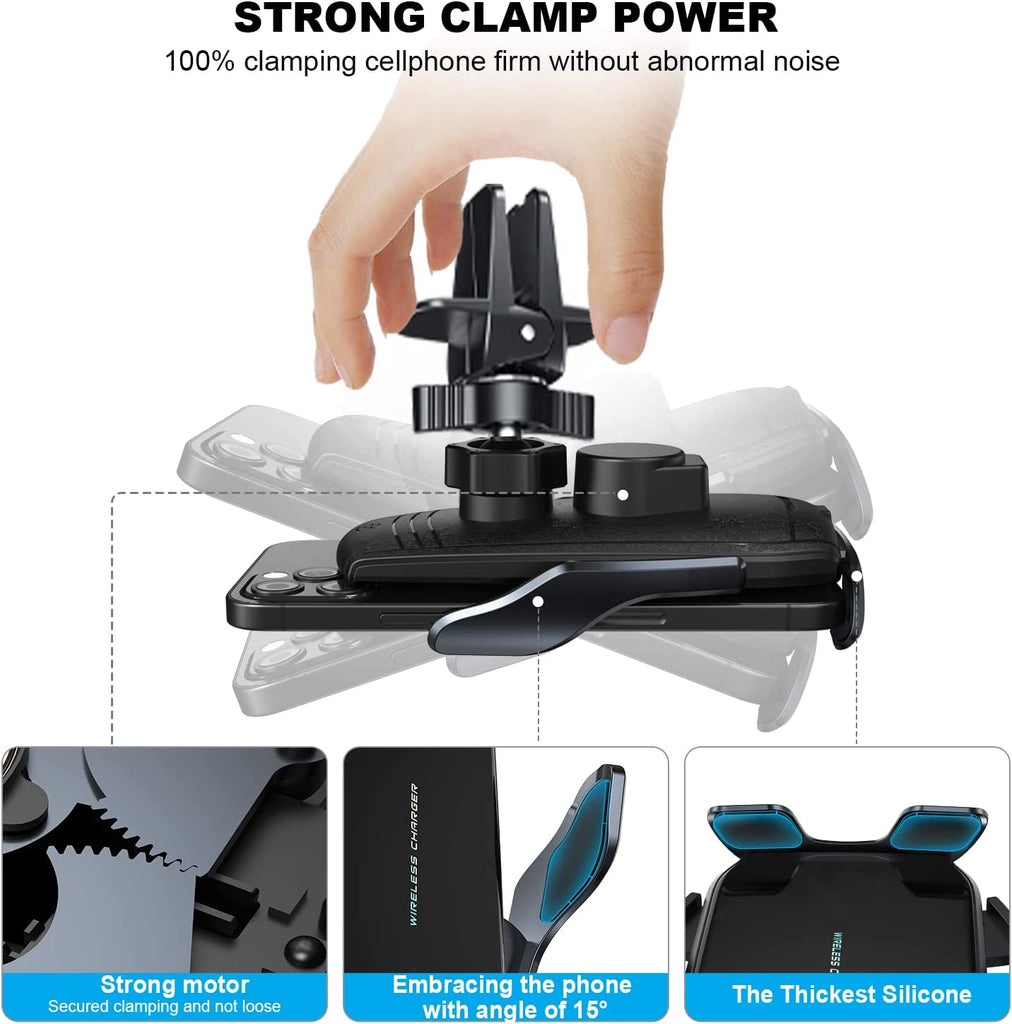15W Wireless Fast Charger Auto Sensing Air Vent Clamping Car Mount Pho –  XoomBot