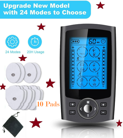 Rechargeable Tens Electronic Pulse Massager with 24 Modes, 10 Reusable Electrodes Pads and 20 Intensity Levels